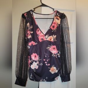 SHEIN Floral V-Neck Blouse with Sheer Sleeves